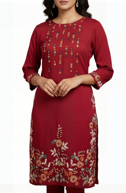 Red Satin Georgette Suit with Thread Pearl Mirror And Dabka Embellishment