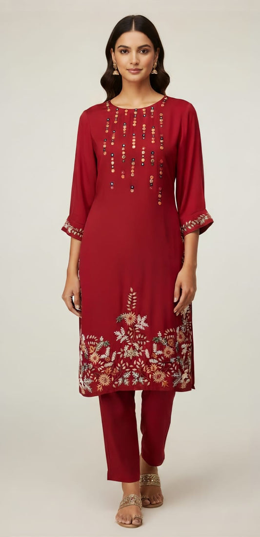 Red Satin Georgette Suit with Thread Pearl Mirror And Dabka Embellishment