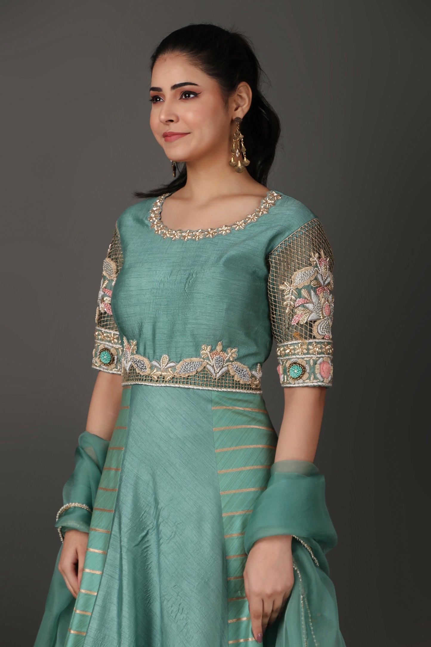 Sea Green Heavy Embroidered Anarkali Suit Set with Dupatta