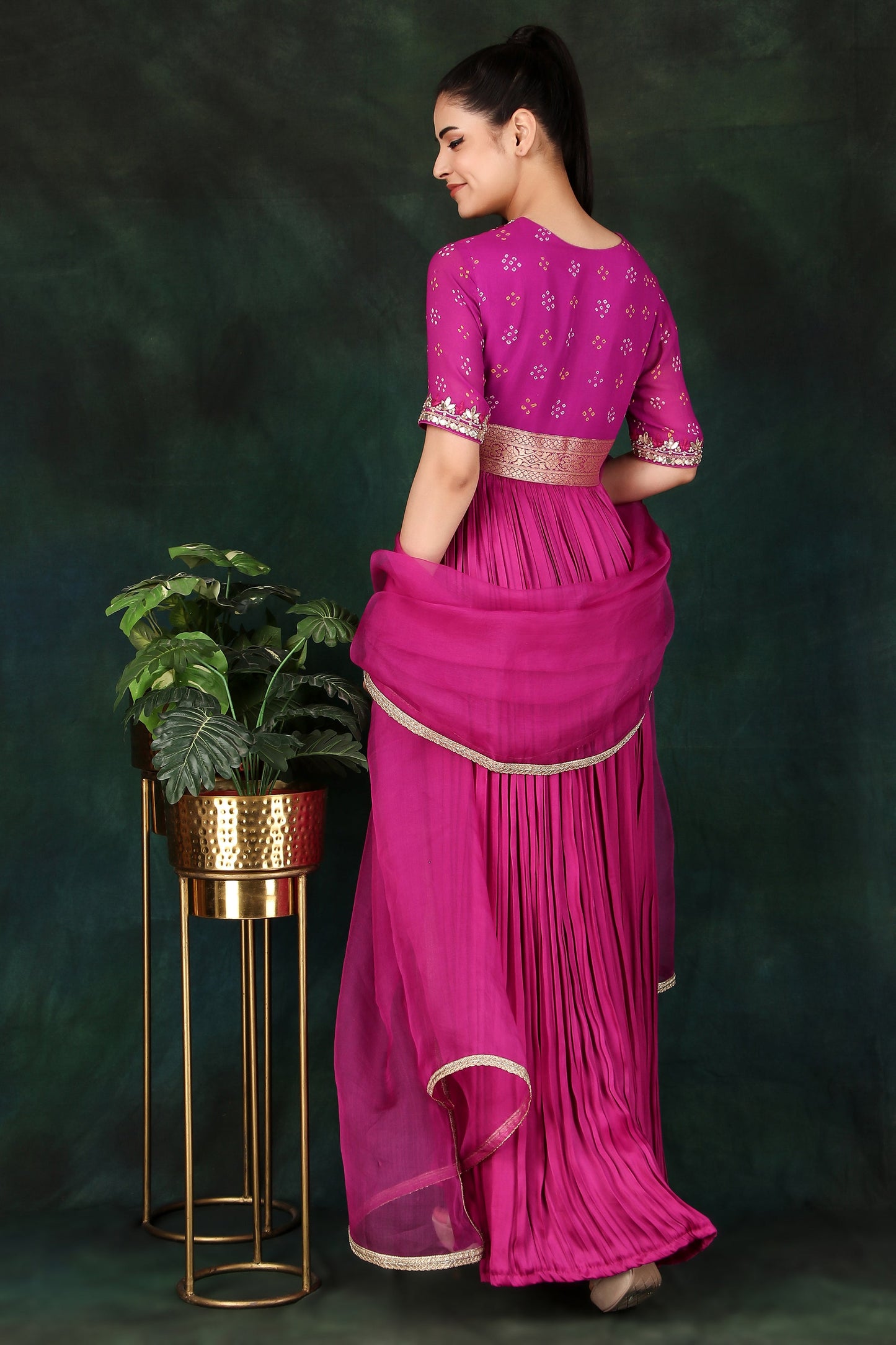 Magenta Flared Anarkali Set Featuring Gota Patti Detailing and Organza Dupatta