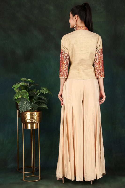 Festive Beige Jacket Top and Box Pleat Palazzo Set with Colourful Thread Work
