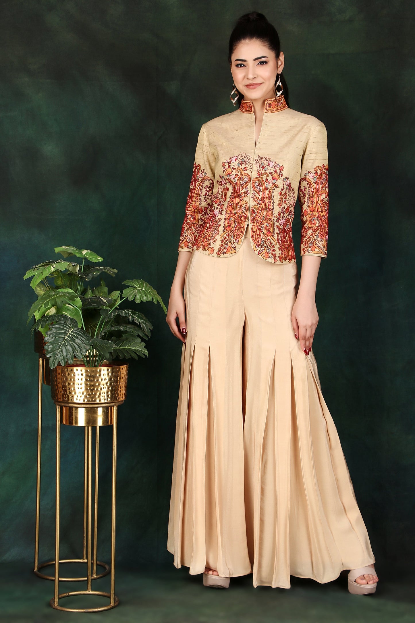 Festive Beige Jacket Top and Box Pleat Palazzo Set with Colourful Thread Work