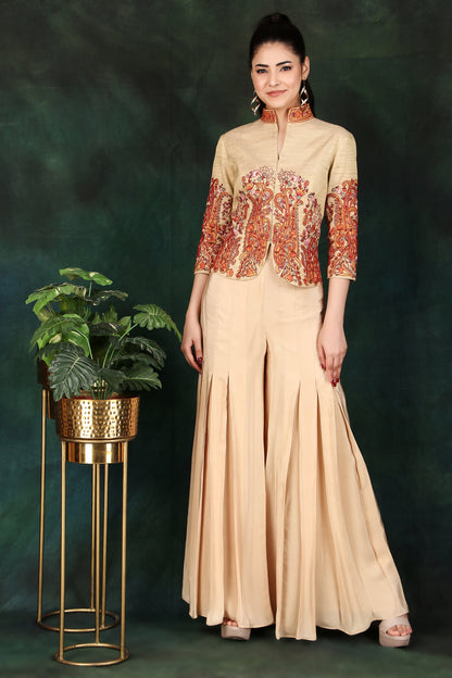 Festive Beige Jacket Top and Box Pleat Palazzo Set with Colourful Thread Work