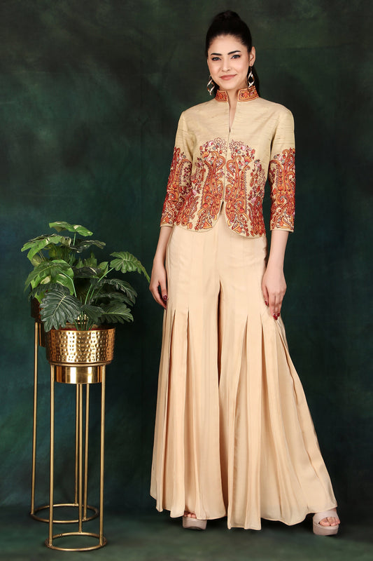 Festive Beige Jacket Top and Box Pleat Palazzo Set with Colourful Thread Work