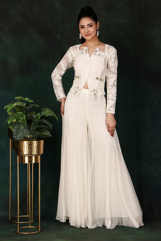 Cream Indo-Western Set with Kali Chiffon Palazzo Zardozi Corset Top And Chandelier Sleeves