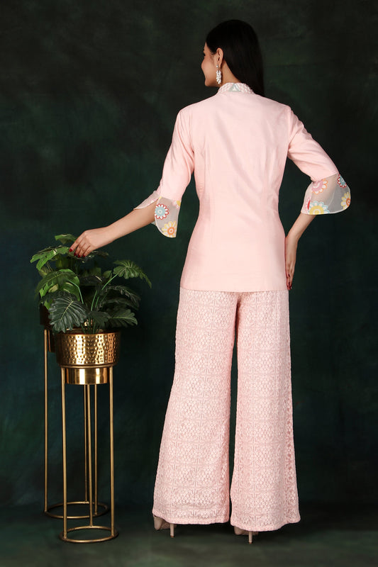 Pink Jaal Net Palazzo Indo-Western Set with Sequin Embellished Collar Jacket