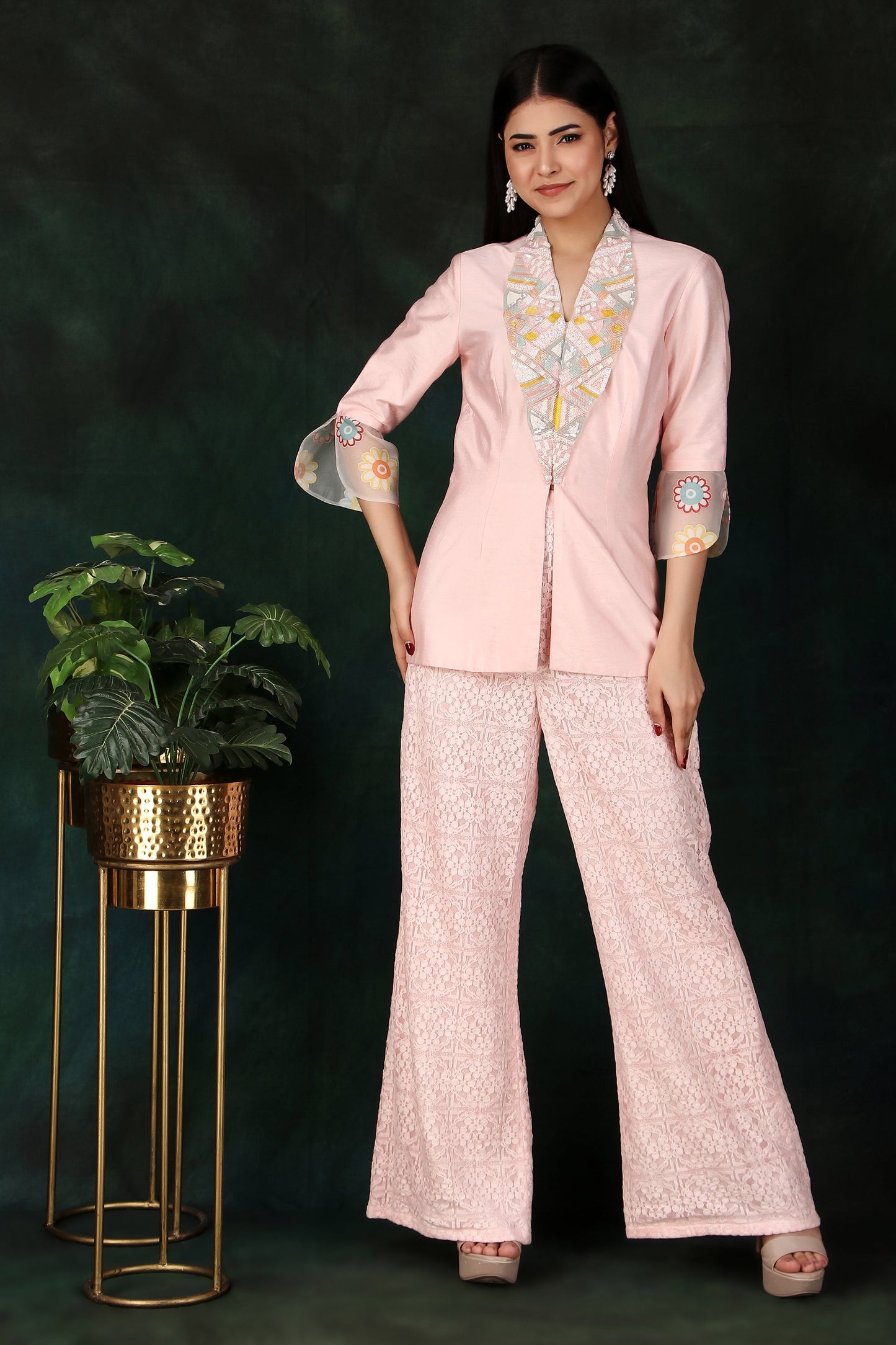 Pink Jaal Net Palazzo Indo-Western Set with Sequin Embellished Collar Jacket