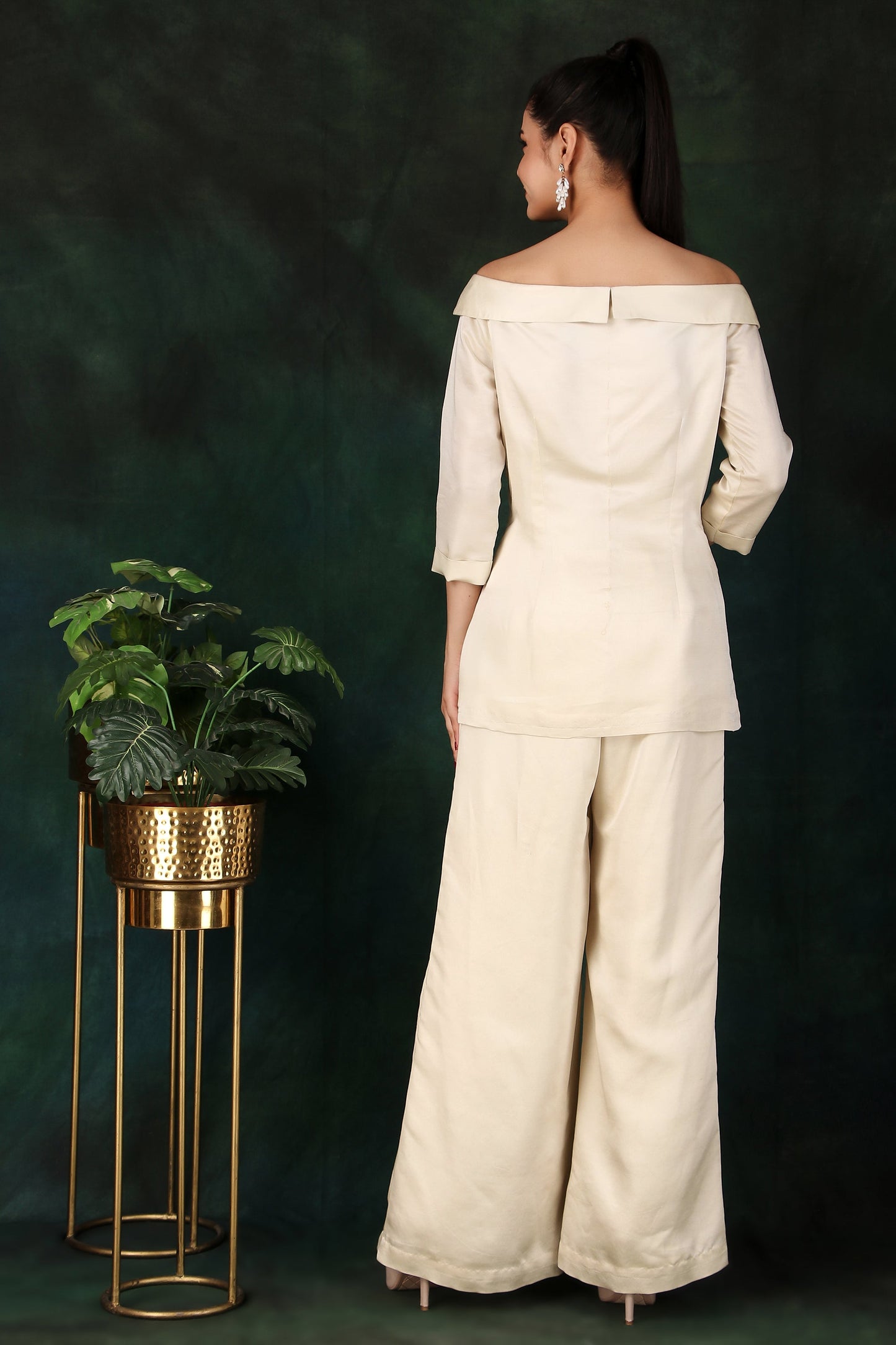 Festive Cream Off-Shoulder Palazzo Set with Silver and Gold Cutdana Detailing