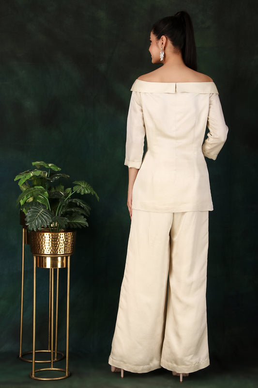 Festive Cream Off-Shoulder Palazzo Set with Silver and Gold Cutdana Detailing