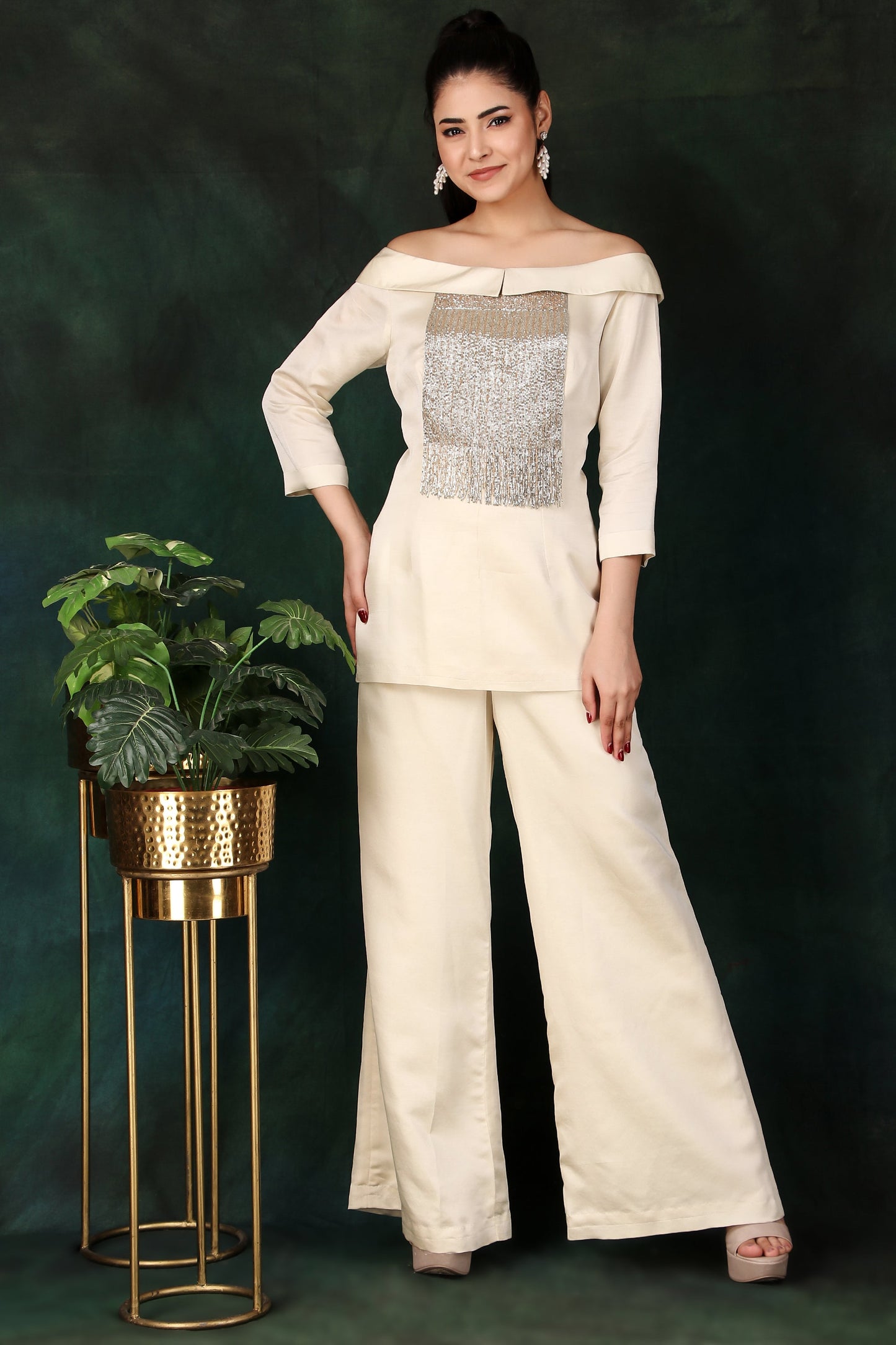 Festive Cream Off-Shoulder Palazzo Set with Silver and Gold Cutdana Detailing