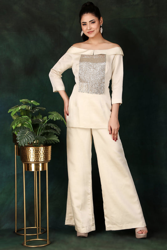 Festive Cream Off-Shoulder Palazzo Set with Silver and Gold Cutdana Detailing
