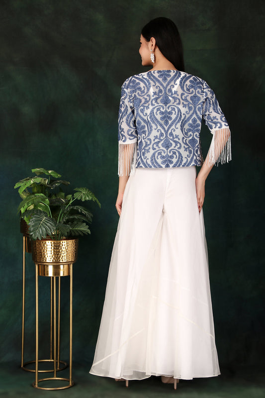 3 Piece Indo Western Set with Dupion Corset Organza Palazzo And Pearl Sequin Jacket