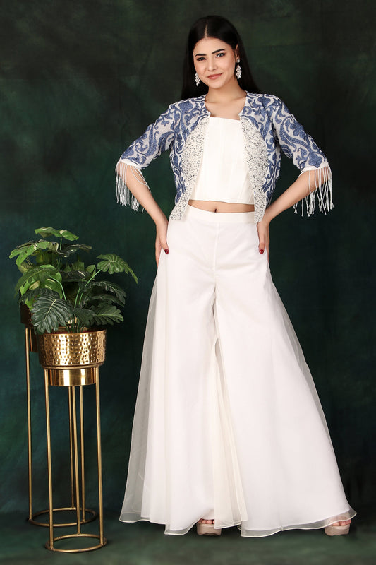 3 Piece Indo Western Set with Dupion Corset Organza Palazzo And Pearl Sequin Jacket
