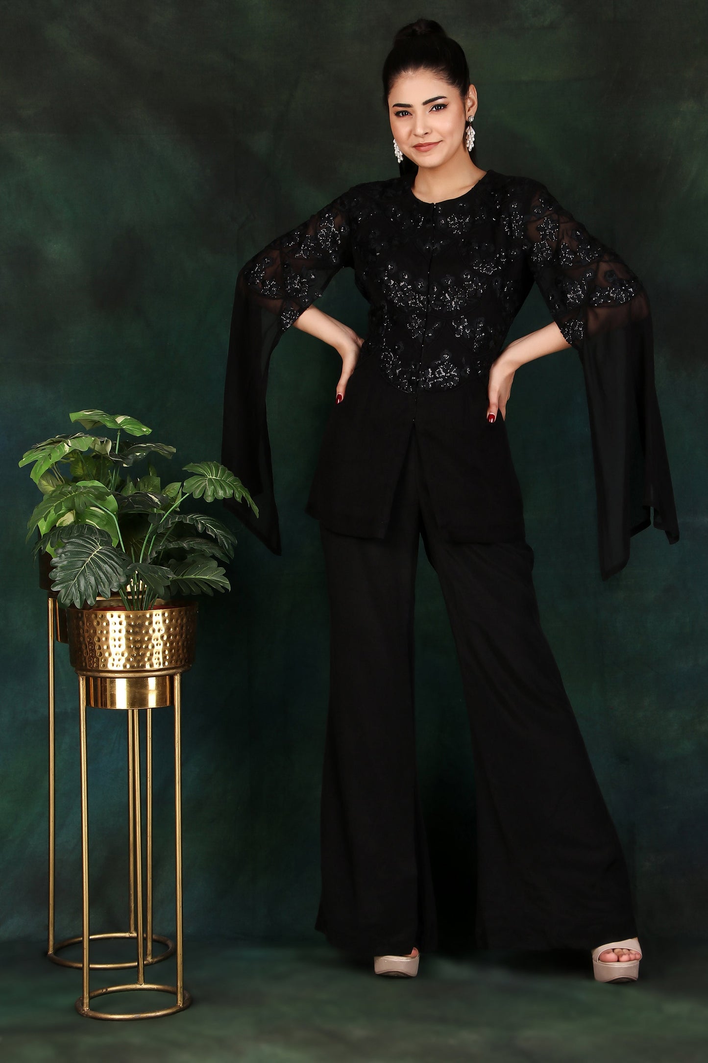 Black Sequin Corset Set with Slit Sleeves for Party And Cocktail Wear