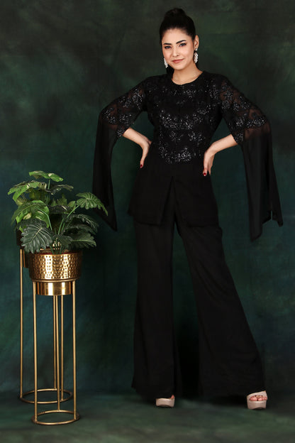 Black Sequin Corset Set with Slit Sleeves for Party And Cocktail Wear