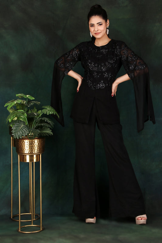 Black Sequin Corset Set with Slit Sleeves for Party And Cocktail Wear