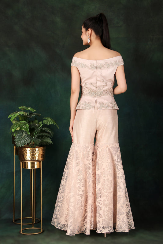 Designer Onion Pink Off-Shoulder Handcrafted Peplum Set with Organza Palazzo and Dupatta