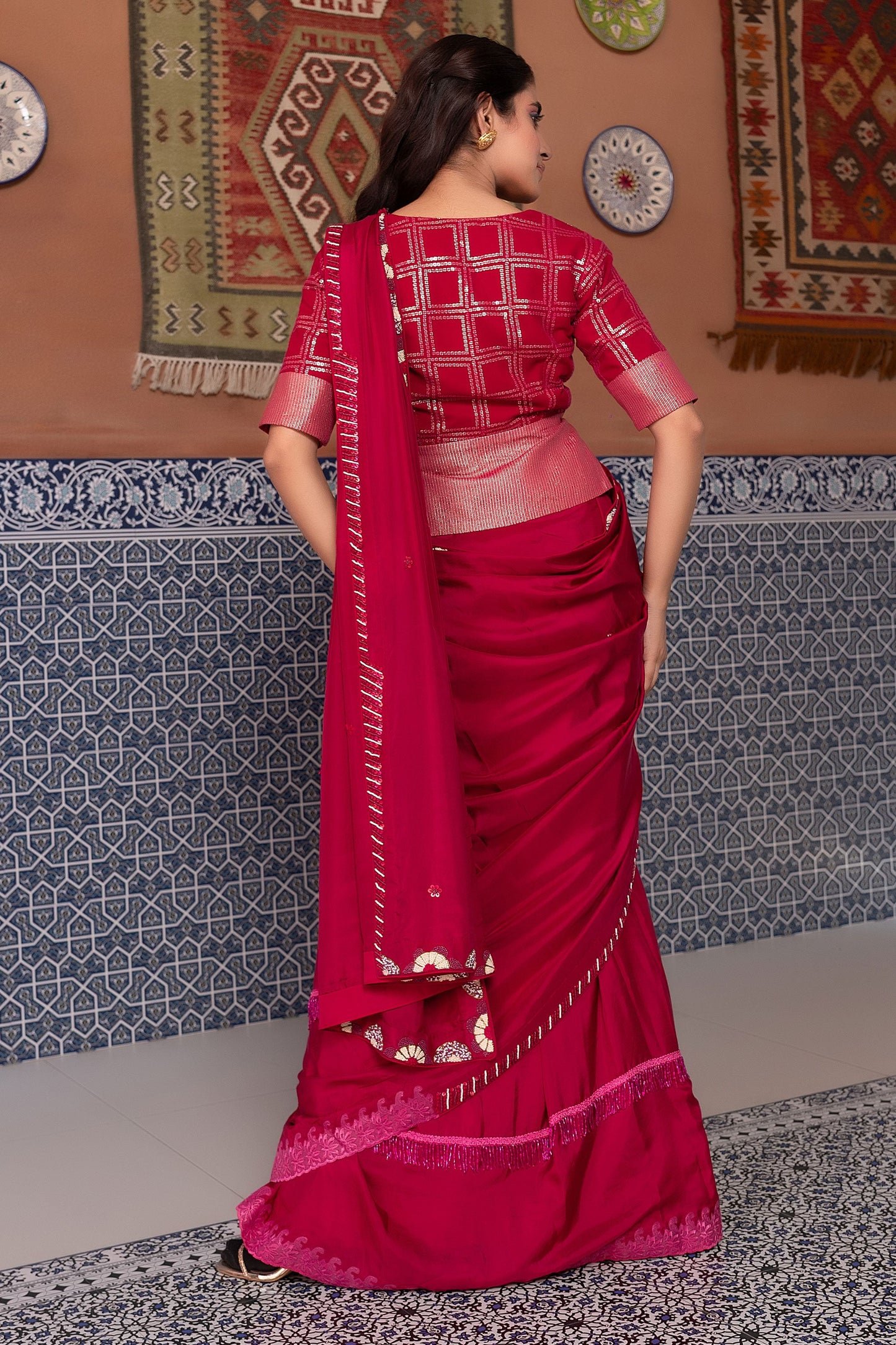 Traditional Wine Silk Saree with French Knot Embroidered Blouse