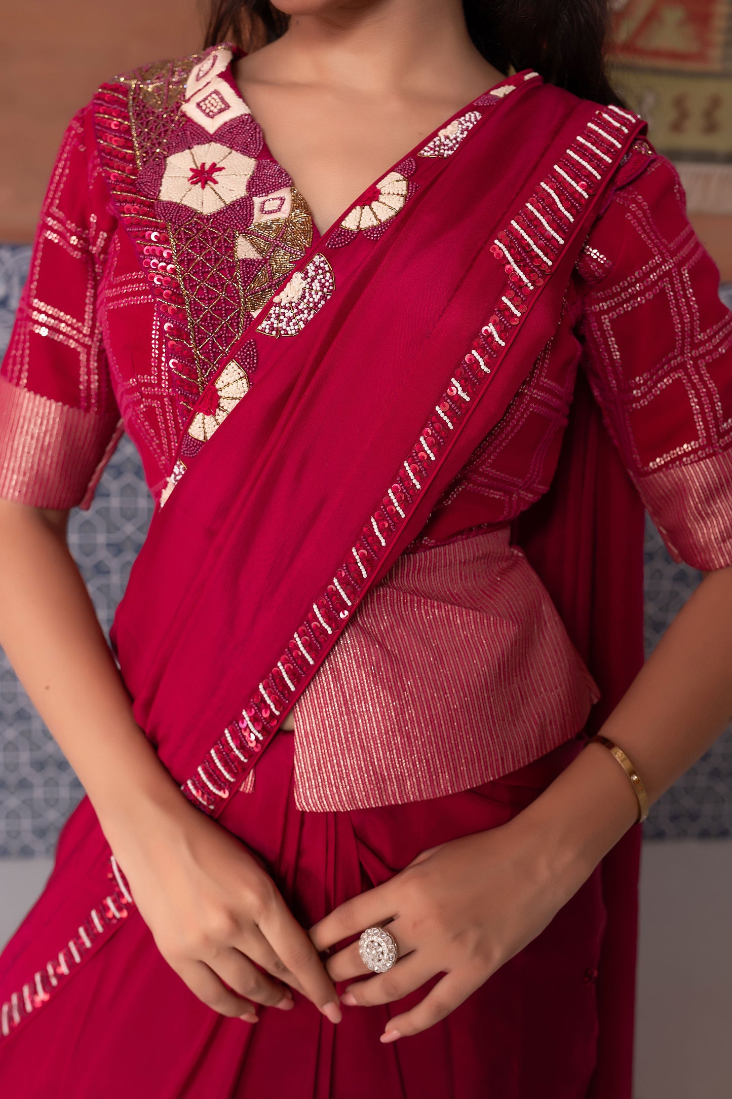 Traditional Wine Silk Saree with French Knot Embroidered Blouse