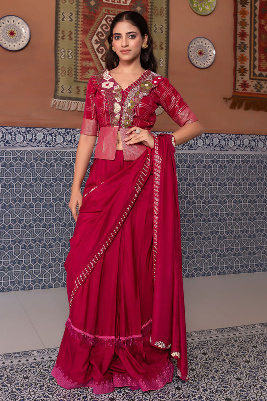 Traditional Wine Silk Saree with French Knot Embroidered Blouse