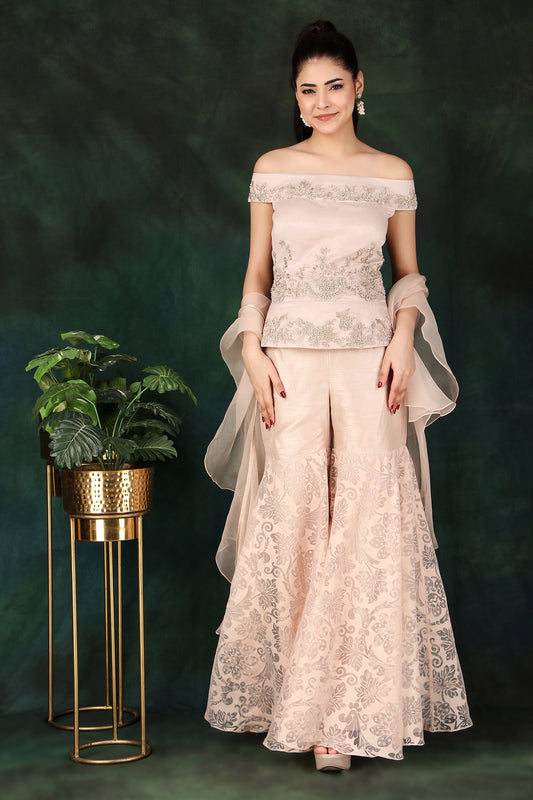 Designer Onion Pink Off-Shoulder Handcrafted Peplum Set with Organza Palazzo and Dupatta