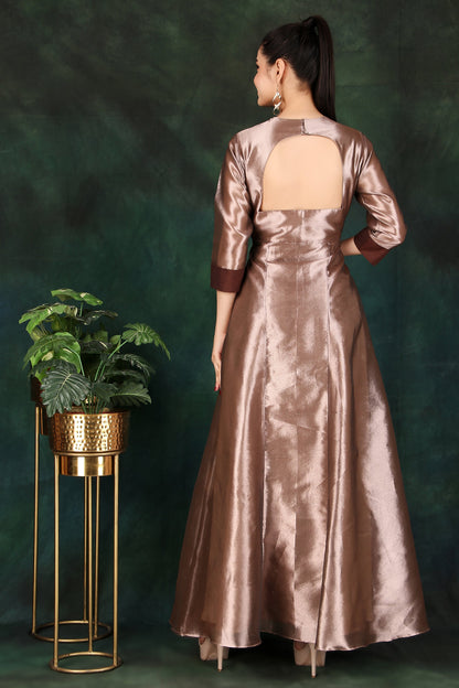 Copper Tissue Anarkali with Mirror Work Neckline and Photo Motif Front Flare