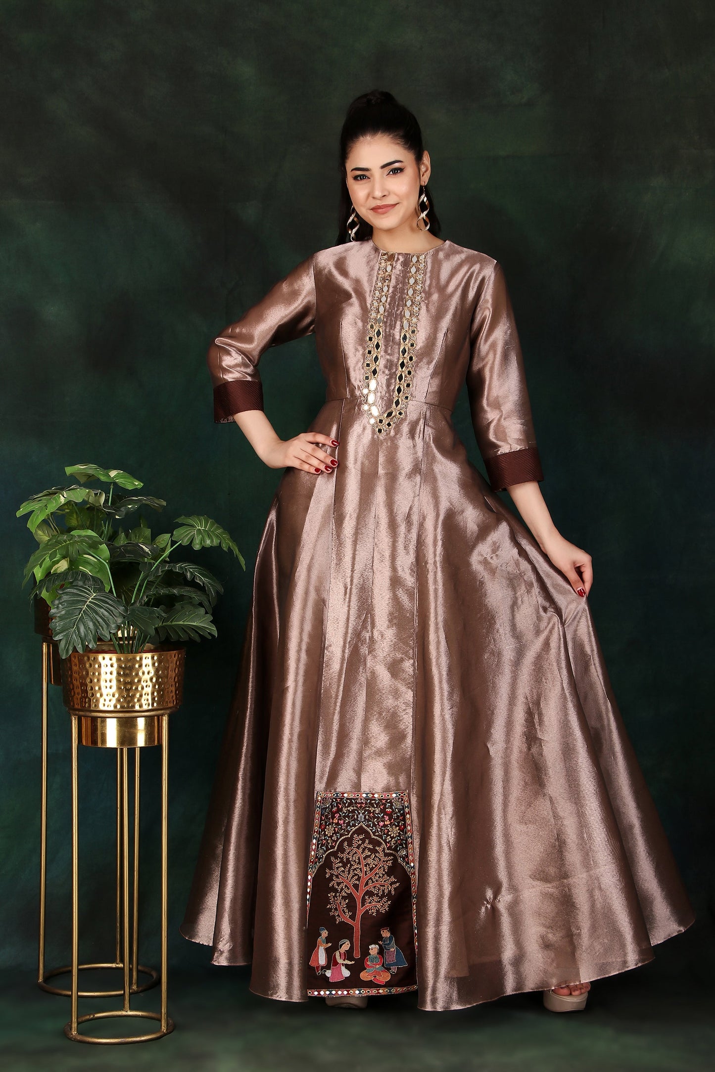 Copper Tissue Anarkali with Mirror Work Neckline and Photo Motif Front Flare