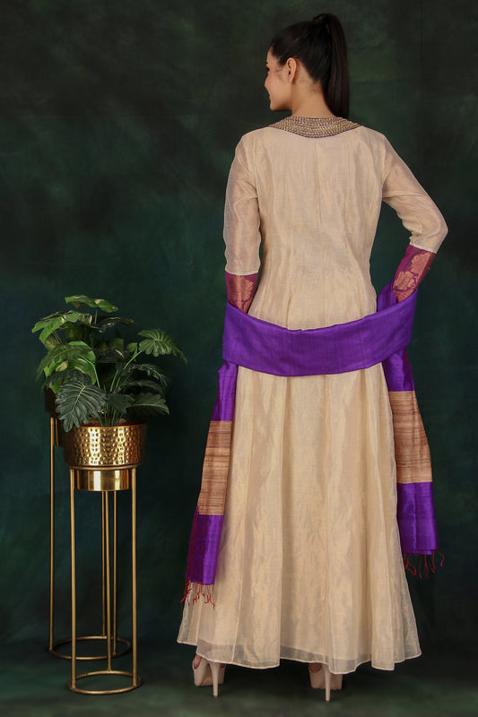 Elegant Cream Tissue Anarkali Suit with Dupion Silk Pant and Raw Silk Dupatta