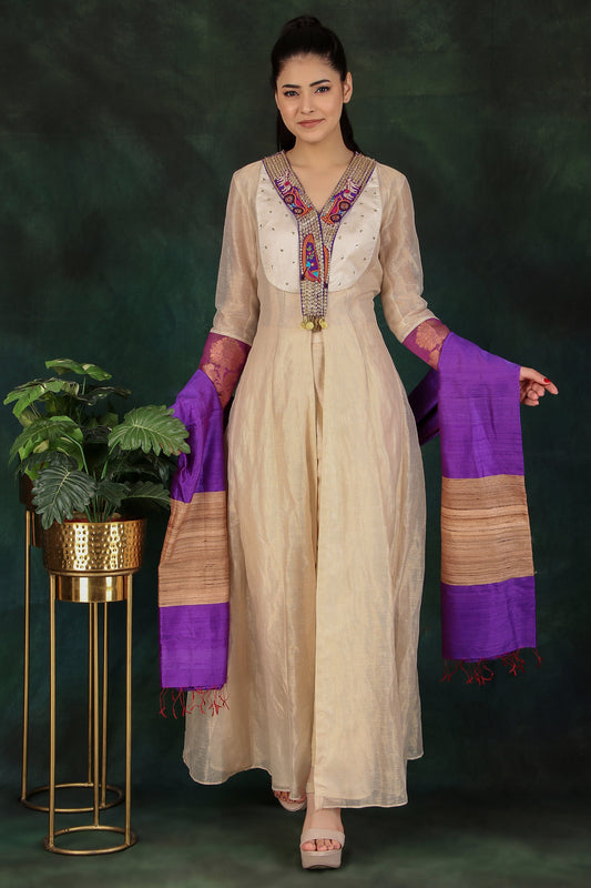 Elegant Cream Tissue Anarkali Suit with Dupion Silk Pant and Raw Silk Dupatta