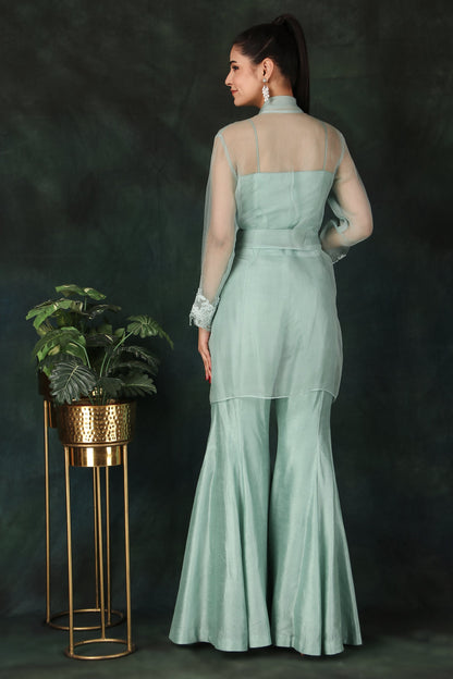 Aqua Party Wear 3 Piece Set with Pearl-Embellished Coat Bustier Top And Dori Palazzo