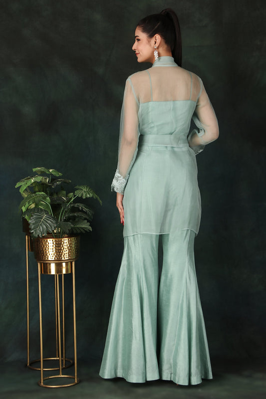 Aqua Party Wear 3 Piece Set with Pearl-Embellished Coat Bustier Top And Dori Palazzo