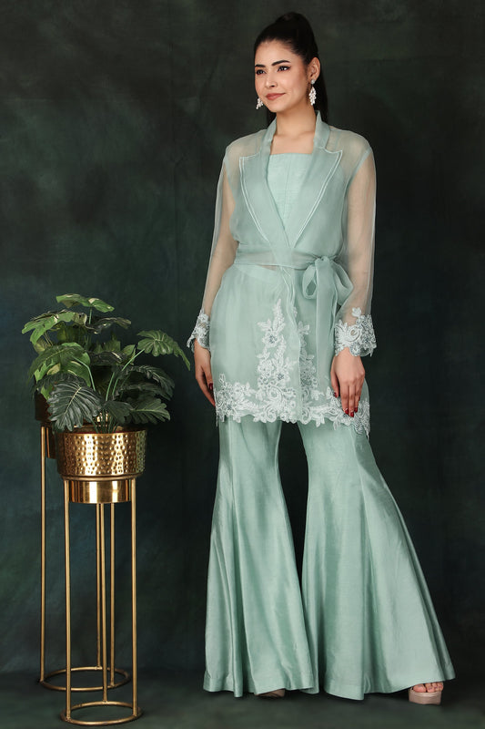 Aqua Party Wear 3 Piece Set with Pearl-Embellished Coat Bustier Top And Dori Palazzo