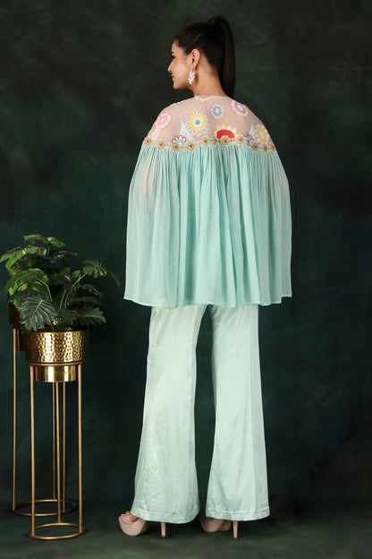 Elegant Aqua 3-Piece Indo-Western Outfit with Pearl And Cutdana Work Cape Lycra Palazzo And Bustier