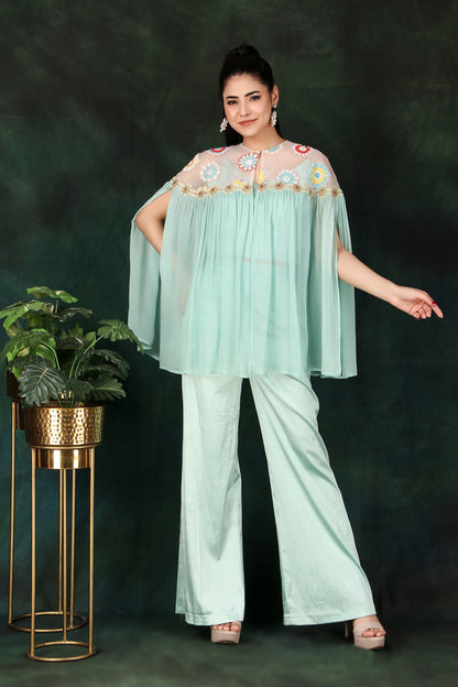 Elegant Aqua 3-Piece Indo-Western Outfit with Pearl And Cutdana Work Cape Lycra Palazzo And Bustier