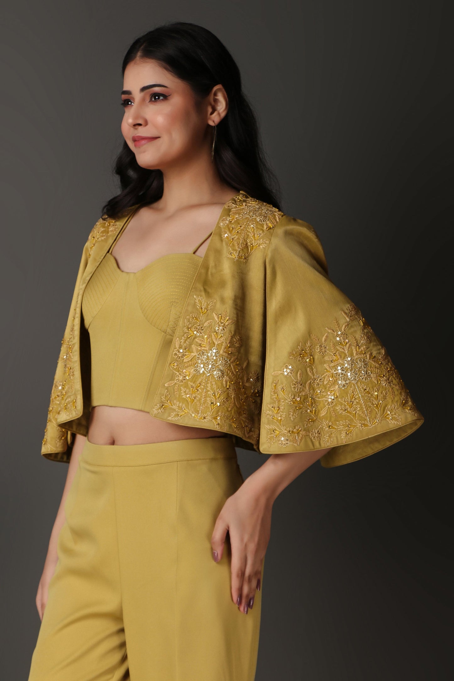 Yellowish Green Embellished Jacket Co-Ord Set with Plazzo and Bust Wear