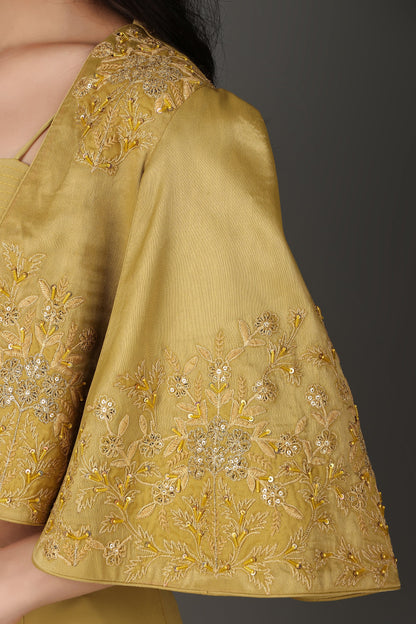 Yellowish Green Embellished Jacket Co-Ord Set with Plazzo and Bust Wear