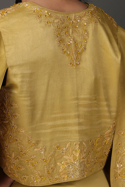 Yellowish Green Embellished Jacket Co-Ord Set with Plazzo and Bust Wear