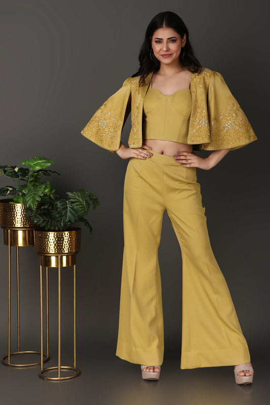 Yellowish Green Embellished Jacket Co-Ord Set with Plazzo and Bust Wear