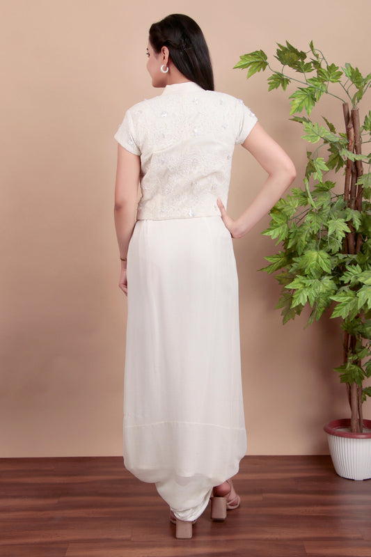 White Indo-Western Jacket Skirt Set with Sequin & Pearl Embroidery