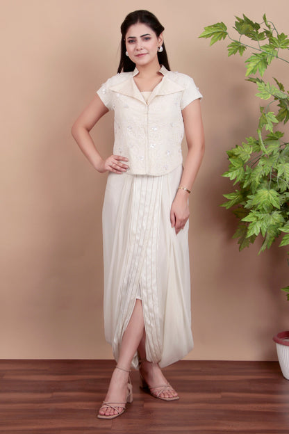 White Indo-Western Jacket Skirt Set with Sequin & Pearl Embroidery