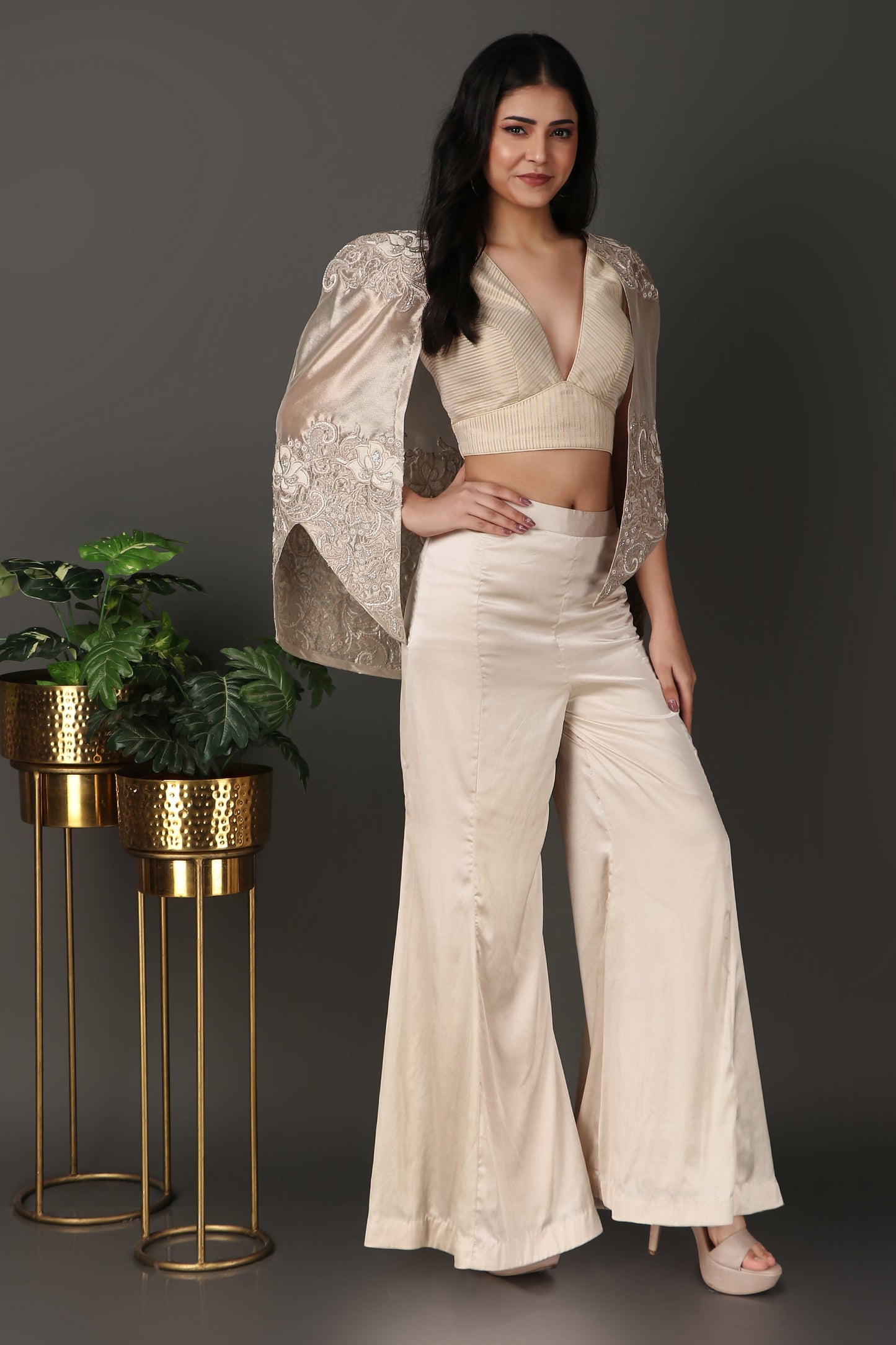 Ivory Luxury Co-Ord Set with Statement Embroidered Cape