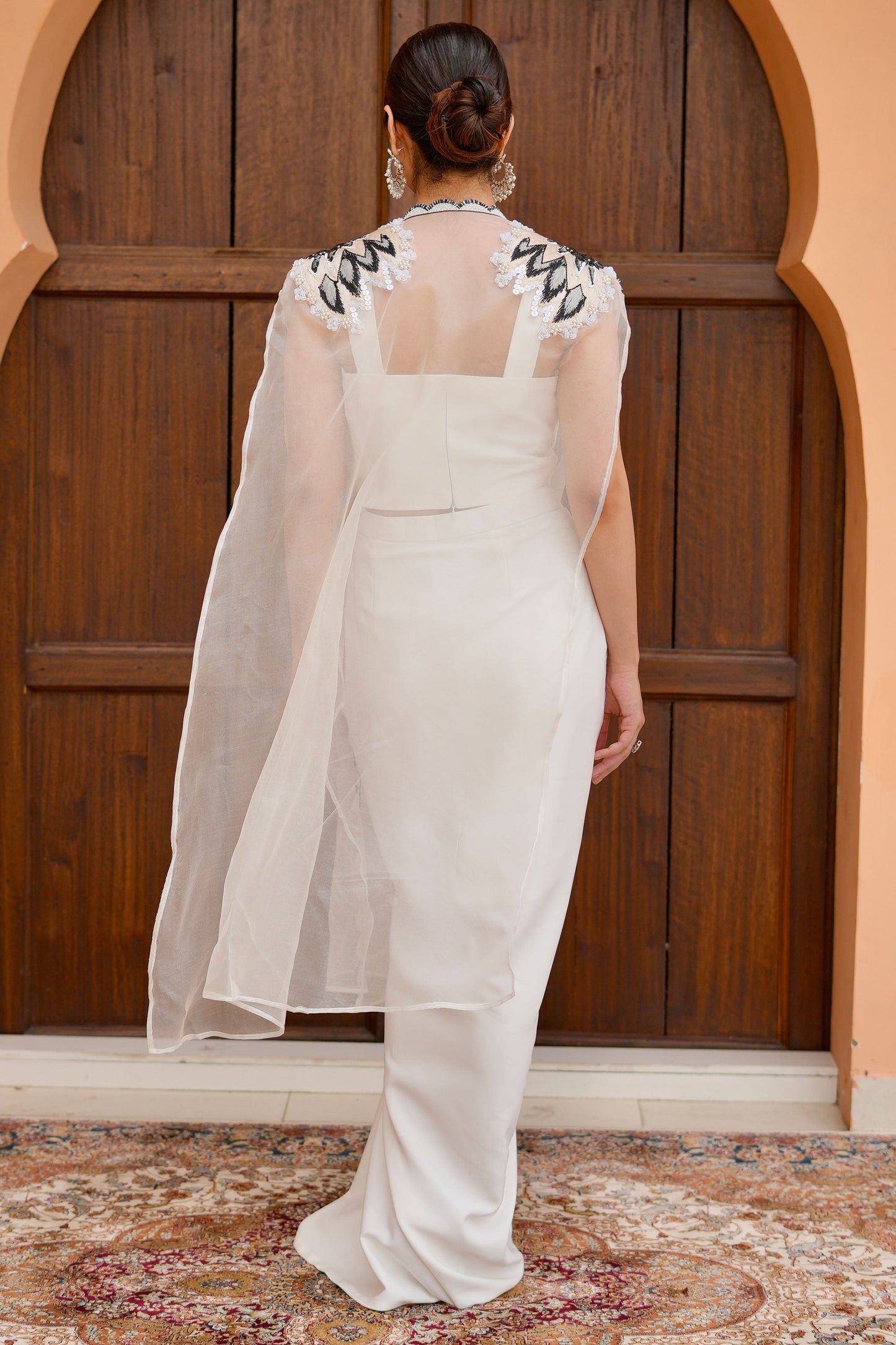 Off White Indo Western Set With Embellished Organza Jacket