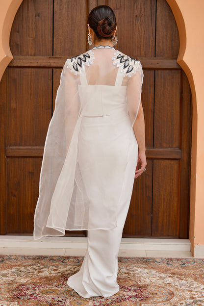 Off White Indo Western Set With Embellished Organza Jacket
