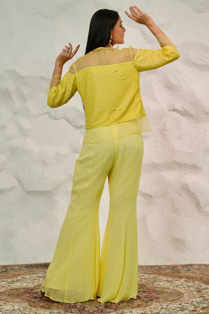 Elegant Yellow Indo Western Palazzo Set with Handworked Organza Jacket