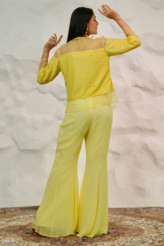 Elegant Yellow Indo Western Palazzo Set with Handworked Organza Jacket