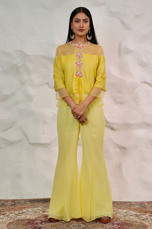 Elegant Yellow Indo Western Palazzo Set with Handworked Organza Jacket
