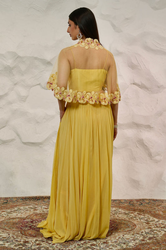 Sheer Net Cape with Dupion Silk Bustier and Flowy Georgette Skirt