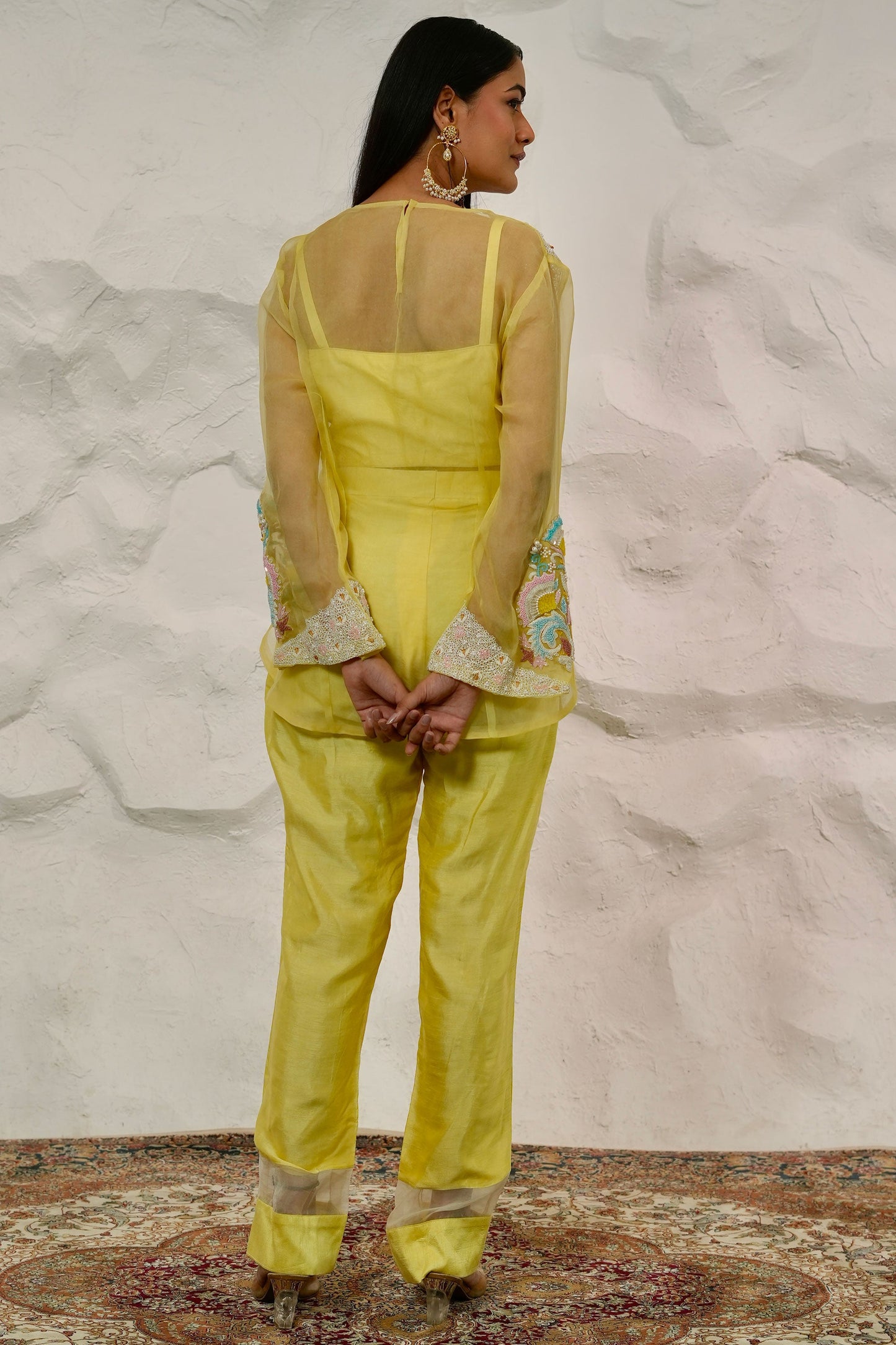 Designer Organza Short Kurti And Dupion Silk Pant Set With Dori Work