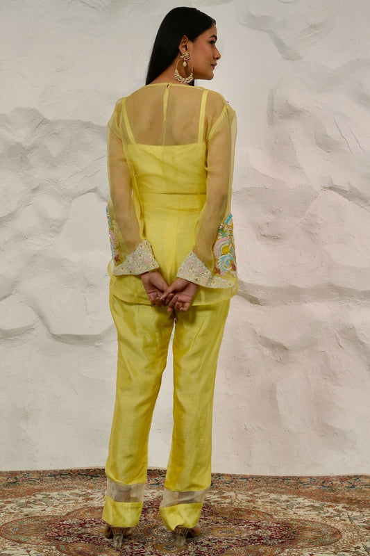 Designer Organza Short Kurti And Dupion Silk Pant Set With Dori Work