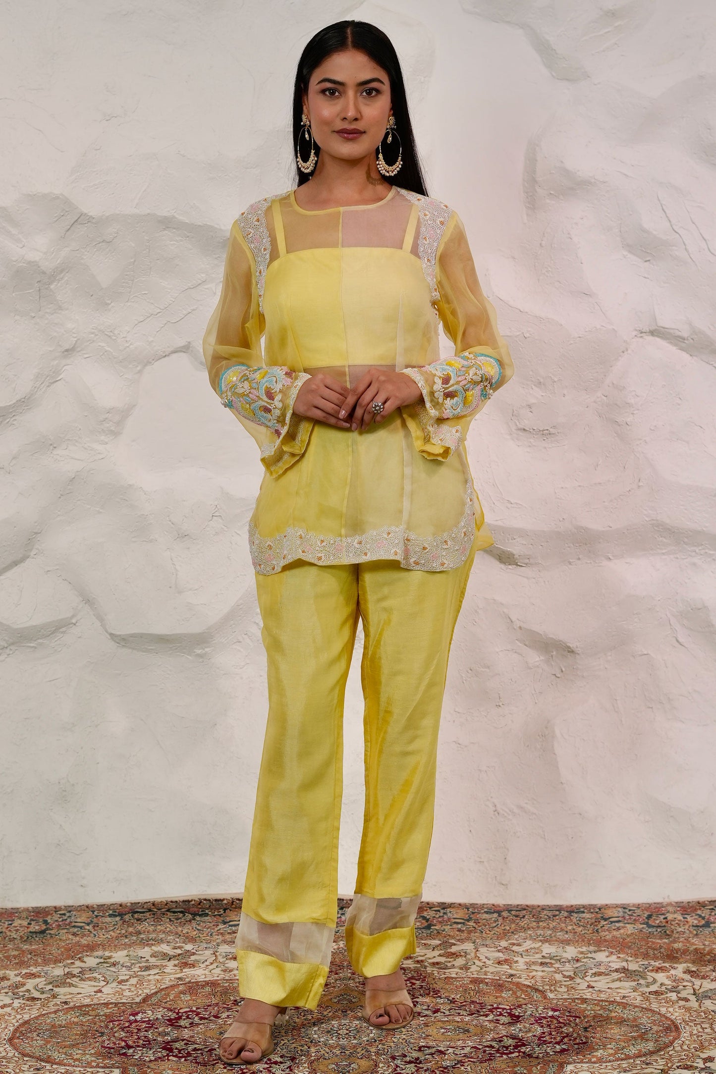 Designer Organza Short Kurti And Dupion Silk Pant Set With Dori Work